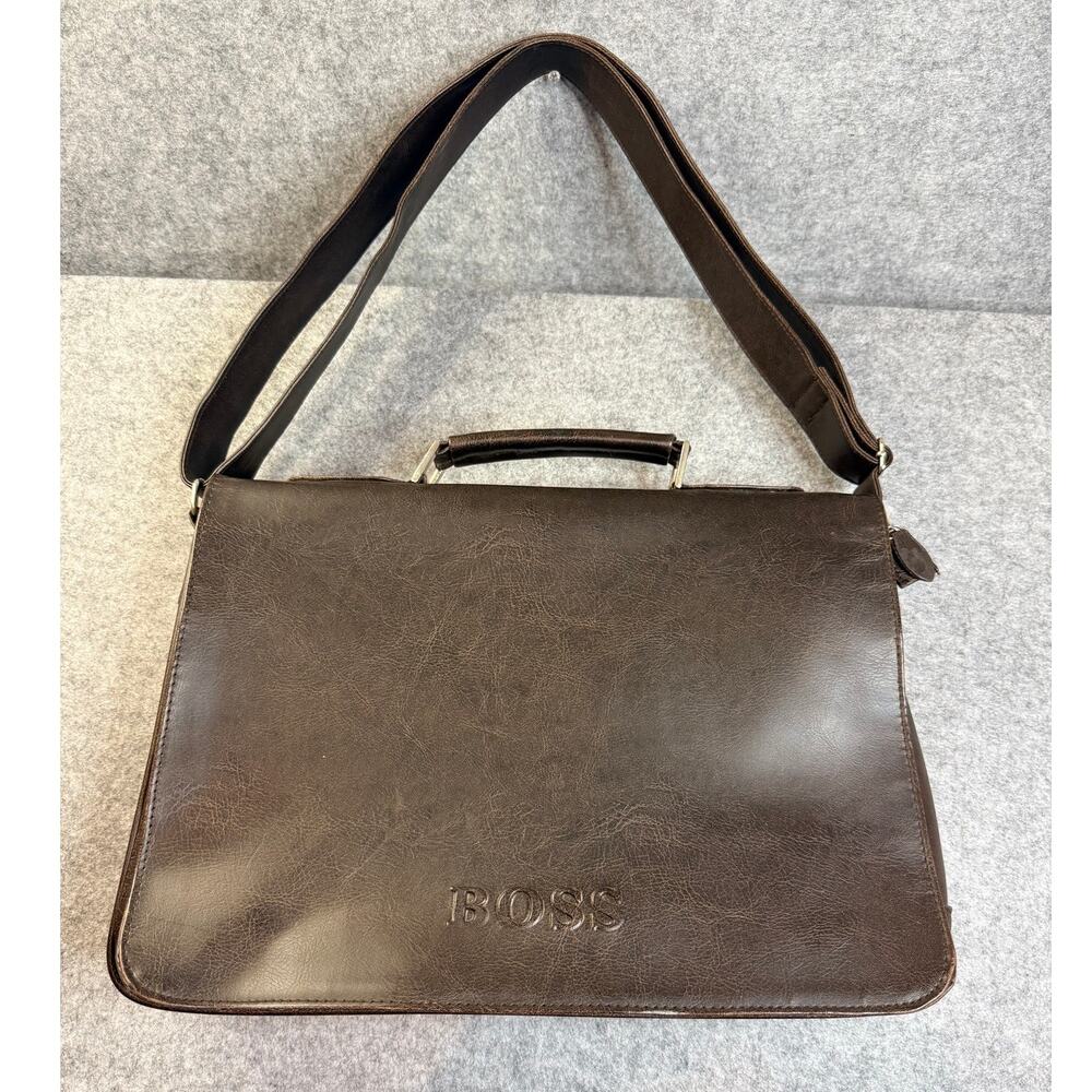 Vintage Hugo Boss Brown Leather Messenger Laptop Briefcase Shoulder Work Bag